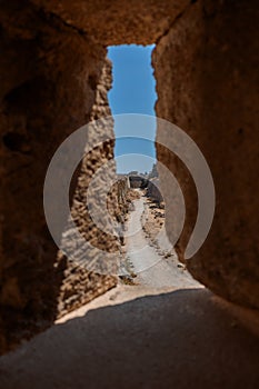 Stone powerful walls of old city, the ancient defense of Old Town, Rhodes, Dodecanese, Greece.