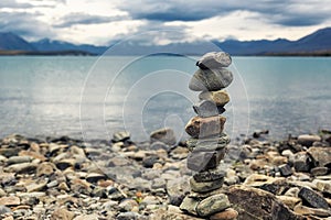 Stone pyramid on the shore of lake Tekapo, New Zealand