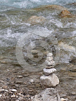 Stone pyramids at river Partnach, Partnachklamm Reintal in Garmisch-Partenkirchen, Bavaria, Germany