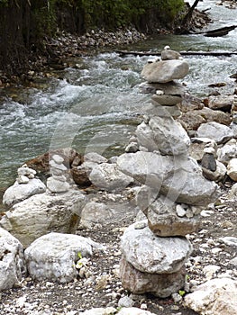 Stone pyramids at river Partnach, Partnachklamm Reintal in Garmisch-Partenkirchen, Bavaria, Germany