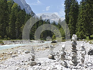 Stone pyramids at river Partnach, Partnachklamm Reintal in Garmisch-Partenkirchen, Bavaria, Germany