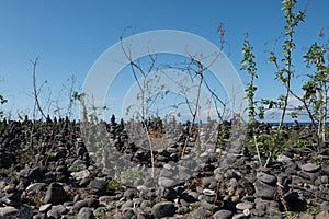 Stone pyramids, stacked stones at beach with ocean background