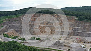 Stone Quarry in Croatia, Europe. Aerial View of Opencast Mining Quarry With Lots of Machinery. View from Above. Marble Mining