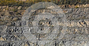 Stone quarry panorama, panorama of a large stone quarry, roads in the quarry. Large open-pit iron ore mine