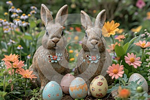 A Stone Rabbits Stands Among Flowers and Speckled Eggs, Signifying Renewal, Bunny\'s Easter Garden
