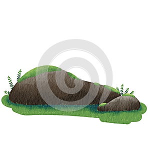 stone reef with moss and fern on grass ground watercolor illustration for decoration on nature landscpae , garden and spring photo