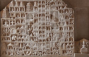 Stone relief - altar detail in famous ancient Ranakpur Jain temple near Udaipur in Rajasthan, India