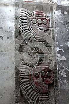 Stone relief detail on the wall of the preaztec archaeological site of Teotihuacan, Mexico,