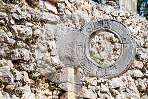 Stone ring at the Ball court Juego de Pelota at the ruins of the ancient Mayan city Uxmal, Mexi