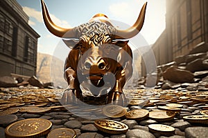 A stone road featuring a bull statue surrounded by scattered coins