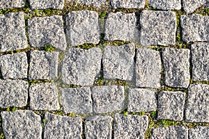 Stone road paved with asymmetrical stones with sprouted grass between stones. Textured background