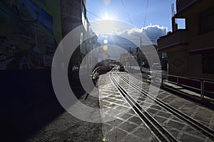 stone road with rails through the old town of Otavalo