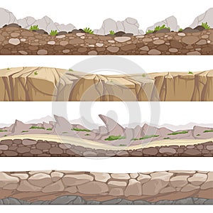 Stone road seamless. Rocky game backgrounds with various types of stones vector cartoon collection