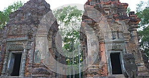 Stone rock carving art ruins in Preah Ko temple in Roluos Angkor Wat complex, Siem Reap Cambodia