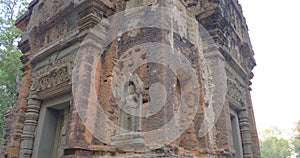 Stone rock carving art ruins in Preah Ko temple in Roluos Angkor Wat complex, Siem Reap Cambodia