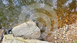 stone and rock reef river and reflection tree on surface of water background