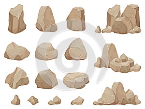 Stone rock. Stones boulder, gravel rubble and pile of rocks cartoon isolated vector set photo