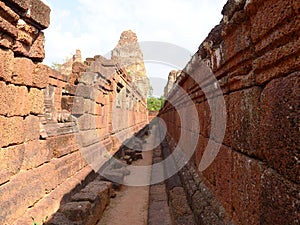 Stone rock wall at Ancient buddhist khmer temple architecture ruin of Pre Rup in Angkor Wat complex, Siem Reap Cambodia