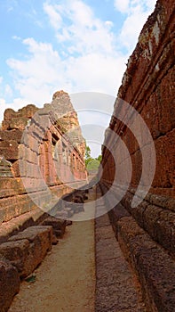 Stone rock wall at Ancient buddhist khmer temple architecture ruin of Pre Rup in Angkor Wat complex, Siem Reap Cambodia