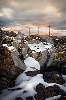 Stone and rock was covered by snow in Iceland with electric tran