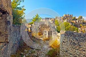 Stone ruins of abandoned ancient town KayakÃ¶y in Turkey