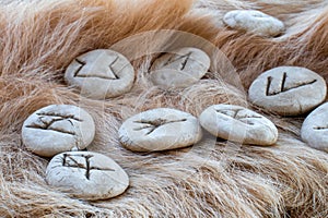 Stone runes on a animal fur. Futhark viking alphabet. Close up photo of Norse runes