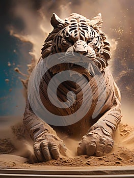 Stone and sand melded into a majestic tiger, frozen in the dynamic burst of a dust explosion.