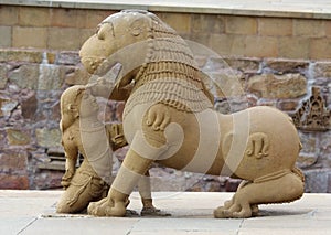 Stone sculpture in Hindu temple in Khajuraho, India.