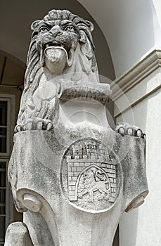 Stone sculpture of lion at the entrance of Town Hall, Ukraine