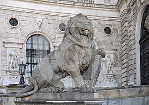 Stone sculpture Lion with Shield, Neue Burg or New Castle, Vienna, Austria