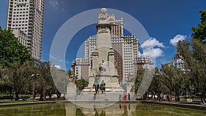 Stone sculpture of Miguel de Cervantes timelapse hyperlapse and bronze sculptures of Don Quixote and Sancho Panza