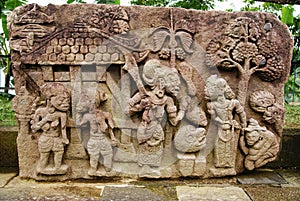 Stone sculpture and relief in Sukuh Temple