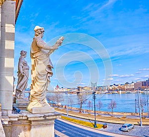 The stone sculptures on the Gate Portal of Varkert Bazar in Budapest, Hungary