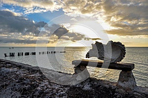 Stone Seashell in front of a Beach sunset at Holbox Island, Mexico