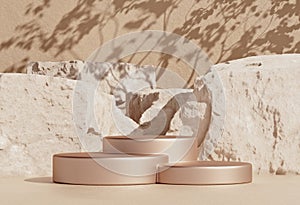Stone shape background mockup with golden product podium