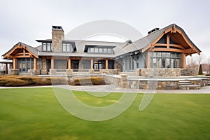 stone and shingle facade of luxury estate, front lawn view
