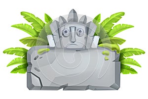 Stone sign board, vector game cartoon rock, tablet, jungle boulder frame, banana leaves, maya totem.