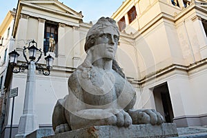 Stone sphinx and architecture, in Conegliano Veneto, Treviso, Italy