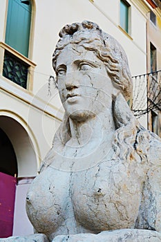 Stone sphinx and neoclassic architecture, detail, in Conegliano Veneto, Treviso, Italy