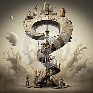Stone spiral staircase question mark in the sky with clouds. Abstract background.