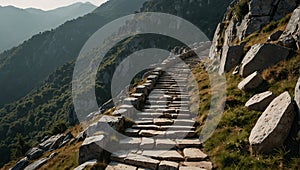 Stone staircase along the mountain. The background is green hills and morning dawn.