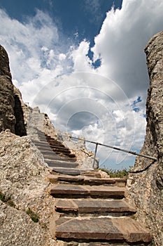 Stone staircase on Harney Peak Fire Lookout Tower in the Custer State Park in the Black Hills