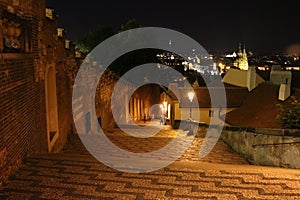 Stone staircase in Hradcany against the background of Prague