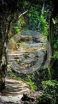 Stone staircase leading on Tembeling pool, Nusa Penida Bali Indonesia