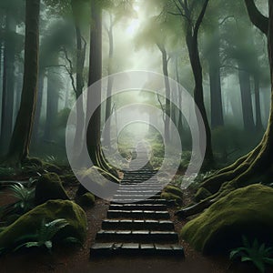 A stone staircase path leads through tree-lined rainforest to the top