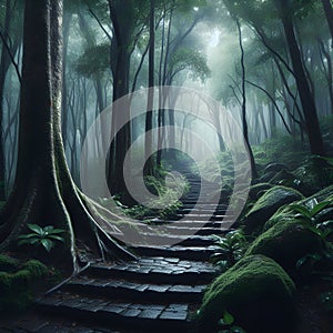 A stone staircase path leads through tree-lined rainforest to the top