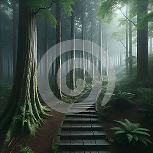 A stone staircase path leads through tree-lined rainforest to the top