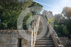 Stone staircase at Saint Georges Castle Castelo de Sao Jorge - Lisbon, Portugal