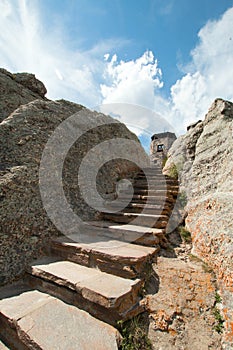 Stone staircase steps up to Harney Peak Fire Lookout Tower in the Custer State Parks Black Elk Wilderness in the Black Hills of So