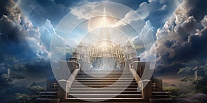 Stone staircase to heaven. Stairs leading to a castle in the clouds. Generative AI